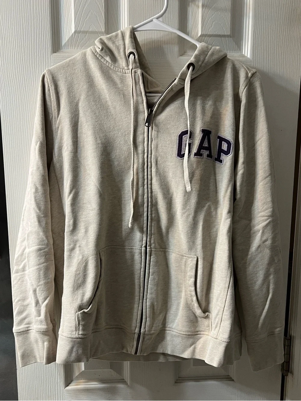 GAP Girls Large Light Beige Zip-Up Hoodie with Purple Logo